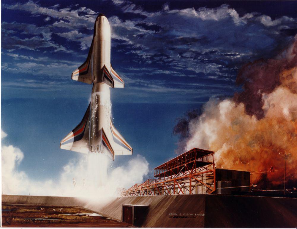 John J. Olson, Boeing, 8/1/76 — two-stage fully reusable vehicle lifting off